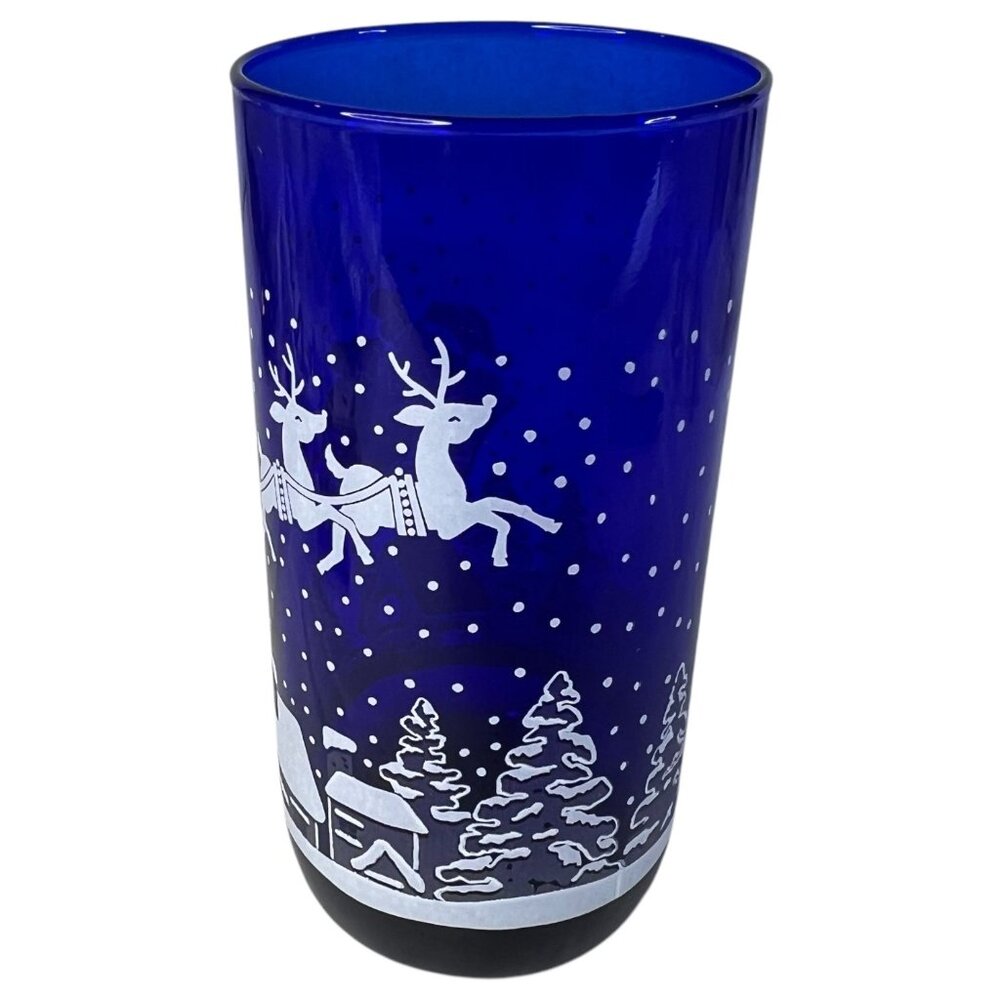 Vintage Cobalt Blue Christmas Glass Santa Claus Sleigh & Reindeer 5 3/4” Tall - Picture 4 of 7